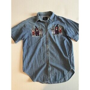 VINTAGE Women’s Quizz Jeans Cool Cats Denim Button Up Shirt Small